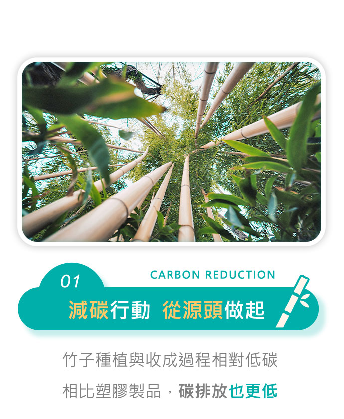 減碳行動  從源頭做起 竹子種植與收成過程相對低碳 相比塑膠製品，碳排放也更低
