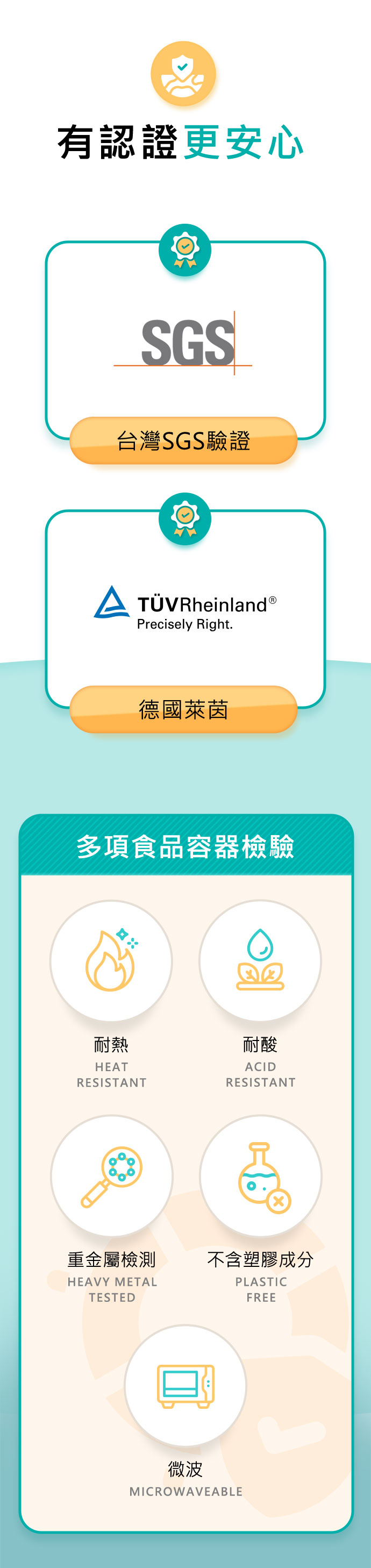 有認證 更安心 台灣SGS驗證 德國萊茵 耐熱Heat-resistant 耐酸Acid-resistant 微波Microwaveable 不含塑膠成分Plastic-free 重金屬檢測Heavy metal tested